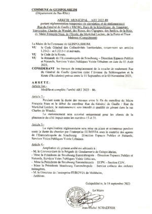 2023 89 art r%c3%a9glementation temporaire circulation  stationnement  pendant remplacement couche roulement rue gal gaulle  et compl%c3%a9mentaires